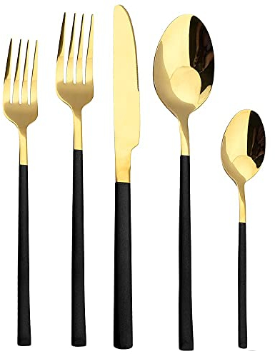 LXYDPZ Ensemble de Couverts 5 pièces, Service de Table en Acier Inoxydable, Couteau, Fourchette, cuillère, Service de Table, Noir et Or, Service de Cuisine pour 6 Personnes (Or Noir)