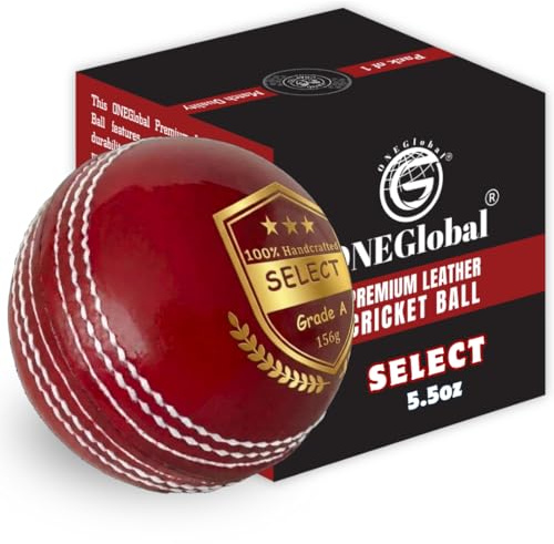 ONEGlobal Select Cricketboll i läder | 100 % handgjord, 156 g - 5,5 oz, 4-delad konstruktion | Perfekt för T20, nätträning, träning etc. (Röd, 1-pack)