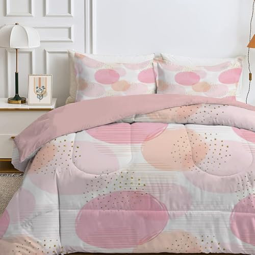 4 Jahreszeiten Bettdecke 200x220 cm, Wende Geometrie Steppdecke Waschbare, Bettdecke ohne Bezug Nutzbar, Leicht Weiche Schlafdecke 200GSM, Ganzjahresdecke Weiß Rosa mit 2 Kissenbezug (ohne Kissen)