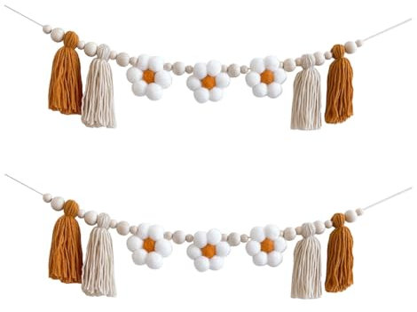 Fegtrtyoa 2 Stück Gänseblümchen-Holzgirlande, Holzperlen, Boho-Girlande, Gänseblümchen, Kinderzimmer-Dekoration, Boho-Girlande, Hippie für Klassenzimmer