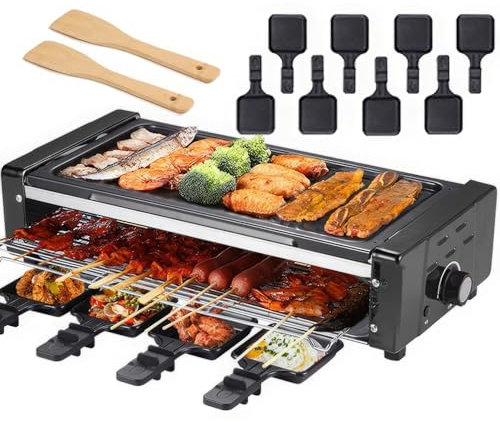 HpJfdsU 1500W Raclette Grill Electric, Black, Nonstick, Modern Style with Stepless Temp Control & Double Baking Positions, Includes 8 Cheese Pans & 2 Wooden Spatulas