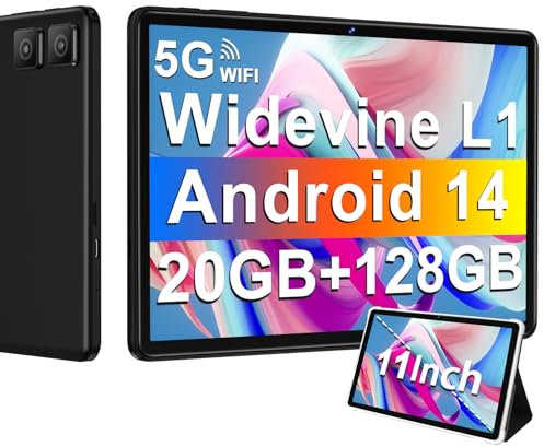 Tablette Android 14 avec Widevine L1, 13MP+5MP, 8000 mAh + Charge Rapide 18 W, Tablette Tactile 11 Pouces avec 20 Go RAM + 128 Go ROM (Extensible 1 To), 5G Wi-Fi, GPS, Octa-Core 2.0 GHz, Face ID, Noir