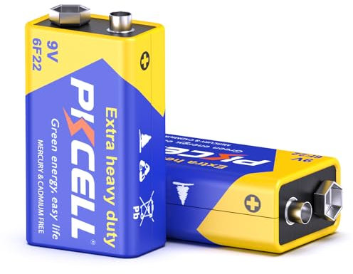 9 V battery, block battery, 6F22 batteries, 3 year shelf life for smoke detectors, detectors, microphones, multimeters, pack of 2 PKCELL