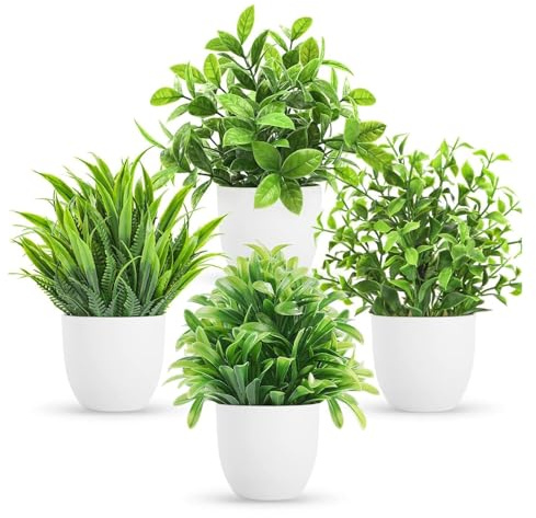 Tkxjry Lot De 4 Plantes Fausse Plante en Pot, Plantes Artificielles Interieur, Mini Plantes Artificielles Verdure, Plastique Faux Plantes avec, Adaptées à la Décoration des Bureaux，Chambres, Salons