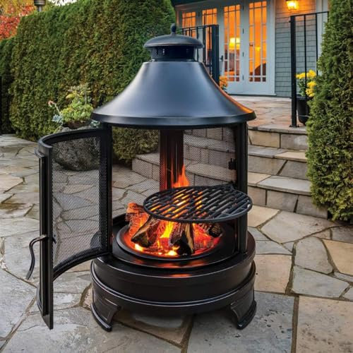 WaaYb 2-in-1-Feuerstelle für den Außenbereich mit Grill, Holzfeuerstelle für die Terrasse, Holzkamin mit Mesh-Funkenschutztüren, Terrassen-Feuerstelle für Grillen, Camping-Picknicks im Hinterhof A