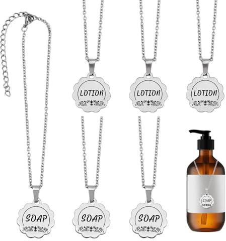 AHANDMAKER 6Pcs Soap and Lotion Dispenser Tags, Double-Sided Stainless Steel Soap Dispenser Labels Bottle Labels Hanging Tag Chains for Mason Jar Decoration Kitchen Bathroom Organization