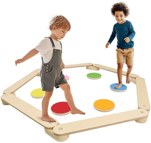 Balancierbalken für mit 6 Balanciersteinen Schwebebalken Kinder Montessori-Spielzeug für Kinder von 3-7 Jahren, für drinnen und draußen, Balancierbrett-Set aus Holz