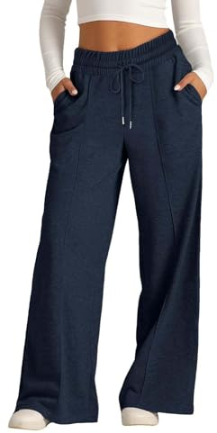 Girls Oversized Wide Leg Sweatpants Drawstring Pocket Kids Baggy School Trousers Solid Color Elastic High Waist Straight Leg Joggers Casual Tracksuit Bottoms (Dark Blue, 8-9 Years)
