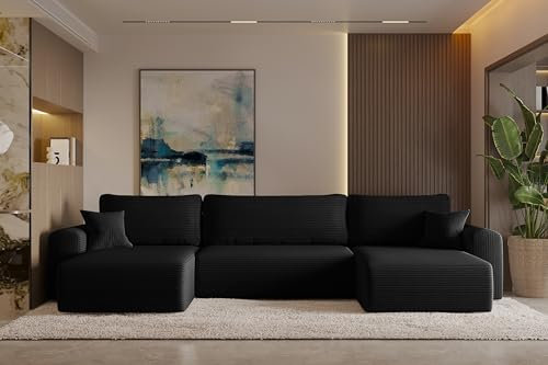 Friderik Capri U Hörnsoffa – 362 cm bäddsoffa med sänglåda och sovfunktion, Poso-tyg, universell konfiguration, bostadslandskap, 5-sitsig, svart, Poso 135