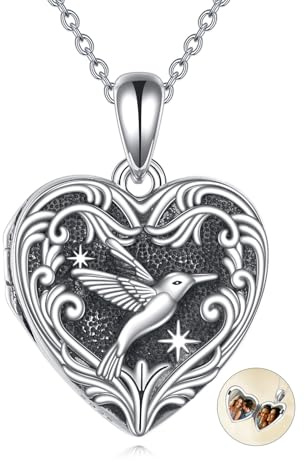 CUPENDA ‌ Kolibri Medaillon Halskette Sterling Silber Herz-Medaillon-Halskette mit Bildern Kolibri-Anhänger-Schmuck für Damen Frauen
