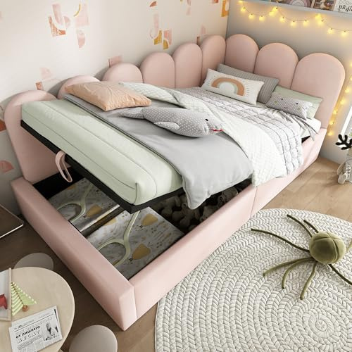 ANIROY Polsterbett Daybett 90x200 cm, Tagesbett Schlafsofa mit Hydraulischem Stauraum, Kinderbett mit Metall-Lattenrost, Samt, Rosa, ohne Matratze