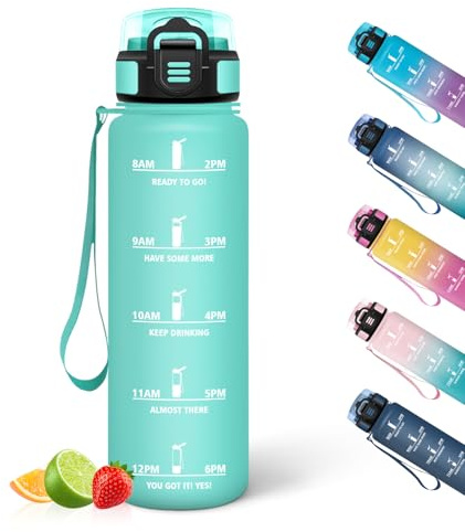HoneyHolly Botella Agua, 1L, Marcador de Tiempo, Portátil, Water Bottle, Reutilizable, Botella Agua Gimnasio, A Prueba de Fugas, Cantimplora para Gimnasio, Ciclismo, Oficina y Exteriores