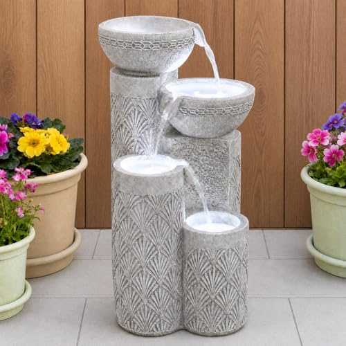 Festive Lights – 50cm Garden Water Feature, Seashell Cascading Bowl Outdoor Fountain, Solar, USB & Mains Powered, White Polyresin, LED Light, Timer, External Panel