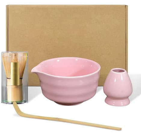 Vtizikl Juego de 4 piezas de matcha, cuenco de cerámica para matcha, batidor de matcha que incluye batidor y cuenco, soporte para licuadora y cuchara matcha para ceremonia de té tradicional, juego de