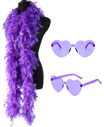 ZOOMPIL Federboa Lila, Bunte Feder Boas, mit Herzförmige Gläser, Frauen Feder Boas zum Hochzeit Ankleiden Party Karneval Kostüm Dekor, 2Pcs
