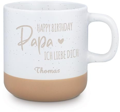 GRAVURZEILE Engraved Stoneware Mug – Happy Birthday Dad – Personalised with Name – Gift for Dad for Father's Day & Birthday – 360 ml – Dishwasher Safe – Ceramic Coffee Mug with Engraving