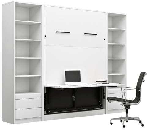 QMM Schrankbett Wandklappbett vertikal GN 140x200 mit integriertem Schreibtisch und 2 Regalen weiß, Eiche Schlafzimmer Set Farbauswahl (Weiß)