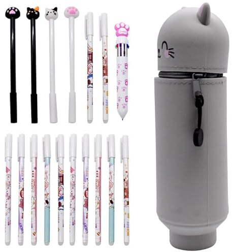 Katze Federmäppchen, 2-in-1 Silikon Schulmäppchen 12Radierbaren Gelstiften 10-in-1Kugelschreiber 4 Gelschreiber Kawaii Mäppchen Tischstifthalter Silikon Stiftetasche Stifthalter Bleistiftbeutel