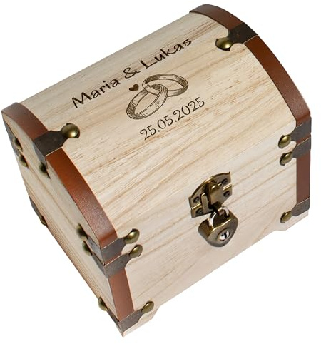 True Statements Personalisierte Schatztruhe mit Gravur & Schloss – Hochzeitsgeschenk für Brautpaar – Geldgeschenk Verpackung Hochzeit – Erinnerungsbox Schatzkiste - Holz, 14,5x11,5x13 cm