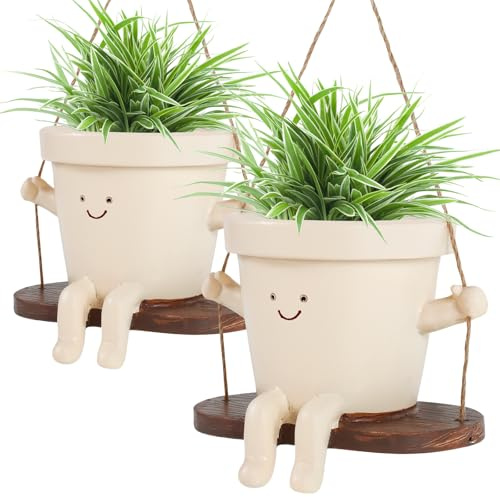 Hängende Pflanzgefäß,2 Stück Niedlich Schaukel Pflanzgefäß mit Drainageloch und Smiley-Gesicht, adorable Harz Blume Kopf Pflanzgefäße, einzigartige sitzende Schaukelstühle Sukkulenten Töpfe für Zimmer