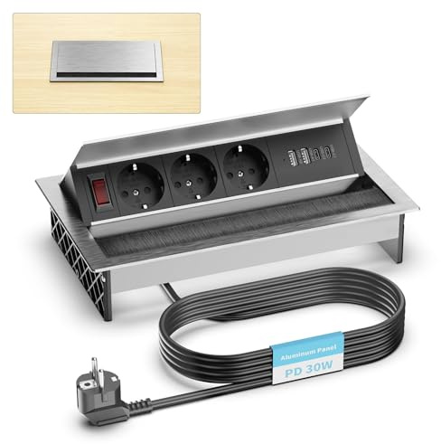 Prise encastrable en Aluminium 3 Prises avec 2 Ports USB-C PD 30W & 2 Ports USB-A – Bloc multiprise escamotable, Angle réglable pour Cuisine, Bureau & Plan de Travail, câble 1,8 m, argenté