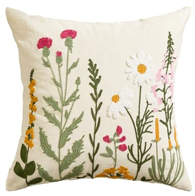 Artoid Mode Housse de Coussin Broderie Fleurs Sauvages Beige 45x45cm