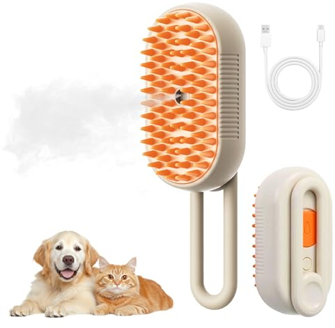 Hanlisee 4 in 1 Cat Steam Brush For Shedding, Rechargeable Steam Pet Brush For Long Or Short Haired Cats And Dogs, Anti-Static, Massage, Cleaning, Shedding & Combing All In One!（Brown）