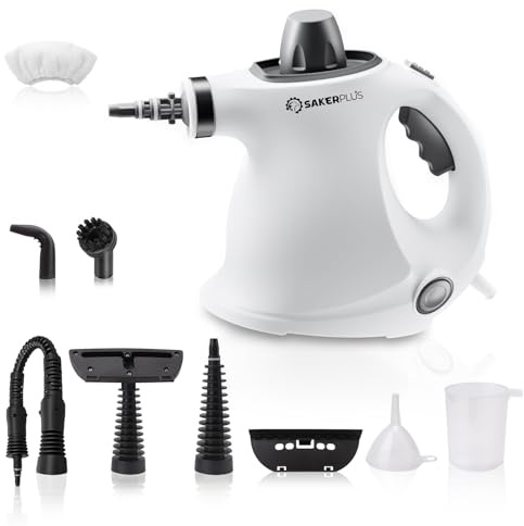 Sakerplus Handheld Steam Cleaner Pressurized Portable Steamer for Home Office Car With 9 Accessories &Safety Lock For Multi-Surface (5 Fiber Cloth)