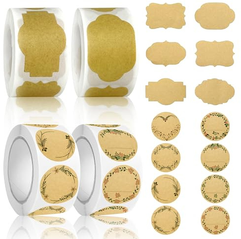 1500 Étiquettes Kraft Vierges, 4 Rouleaux d'Étiquettes Autocollantes en Papier Kraft, Étiquettes Personnalisables pour Bocaux Bouteilles Emballage Cadeau DIY
