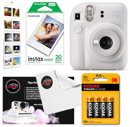 Paquete de cámara instantánea con cámara Fujifilm Mini 12, mini película Fujifilm de 20 disparos, 4 pilas AA, álbum de pared, paño de lente Clikoze y tarjeta de consejos de fotografía instantánea