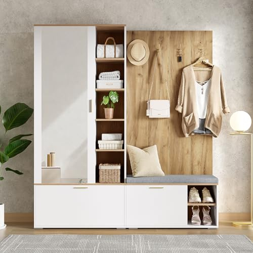 Moimhear Set appendiabiti da parete, 160 x 38 x 180 cm, con ante pieghevoli e asta appendiabiti estensibile, con 4 ganci appendiabiti, con specchio e panchina per scarpe (colore bianco+legno)