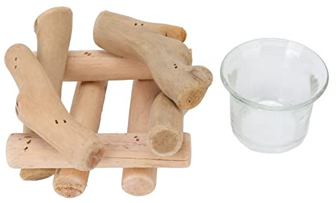 Portavelas de Madera para Vela Tealight, Estilo Rústico Vintage con Copa de Cristal, Decoración de Hogar y Soporte Artesanal - Diseño Único de Madera Natural, Ambiente y