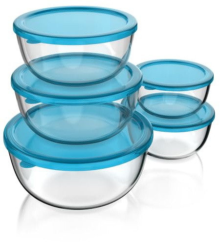 Arendo - Salatschüssel aus Glas mit Deckel - Glasschüssel 5er Set - 1000ml + 1500ml + 2000ml + 2700ml + 4400ml – Rührschüsseln klein bis groß – Borosilikatglas - Glasschale Salatglasschale