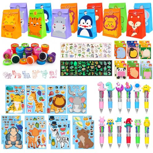 ARIEL-GXR Party Bags Fillers for Kids, Animals Party Bags, Party Favors Set with Mini Pens, Sticky Notes, Tattoo Stickers, Stampers, Goodie Bag Fillers for Boys and Girls Birthday Gift