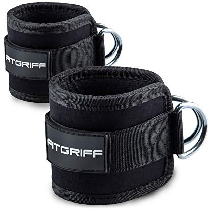 FITGRIFF® Fußschlaufen V1 (gepolstert) - für Fitness Training am Kabelzug - (2 Stück) Ankle Straps für Frauen und Männer (Schwarz)