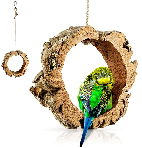 Kork-Schaukel für Vögel und Nager, Rund, aus Naturkork zum Schaukeln, Spielen, Anknabbern und Knuspern, Reine Kork-Rinde | desinfiziert | Karabinerhaken aus Edelstahl | Vogel Zubehör und Spielzeug