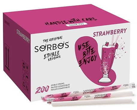 Sorbos - Cannucce commestibili gusti fragola. Sostenibile, confezionato singolarmente, senza allergeni, senza glutine, biodegradabile (confezione da 200)