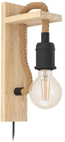 Eglo Vägglampa rampside, 1 glödlampa vintage vägglampa i industriell design, väggspot av stål och trä, färg: svart, brun, fattning: E27, inkl. kabelströmbrytare