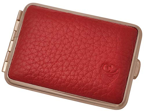 GERMANUS Pillendose Etui, Made in Germany, Kleines Rind Pillenbox für Tabletten, Stahl mit braunem Leder, für Tabak Schnupftabak - Rot