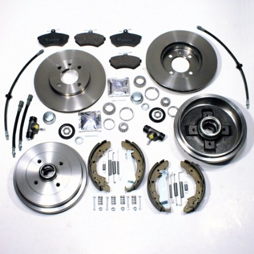 Bremsscheiben belüftet + Bremsbeläge vorne + Bremstrommeln mit ABS Sensor Ringen + Bremsbacken + Radbremszylinder + Zubehör hinten + Bremsschläuche vorne + hinten