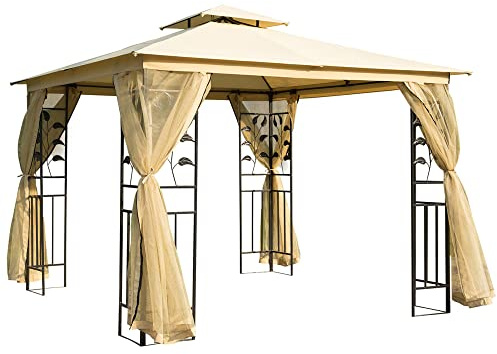 Outsunny Cenador de Jardín 3x3x2,72 m con Doble Techo y Mosquiteras | Gazebo para Exterior Grande con Marco de Acero, Ideal para Patio y Fiesta, Color Beige