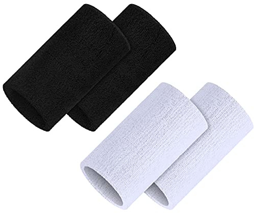 4 Pieces/ 2 Pairs Sports Wristbands 5.9 Inches Wrist Sweatbands Elastic Athletic Wrist Bands Breathable Cloth Wrist Sweat Bands for Men Women Sports Working Out (Black, White)