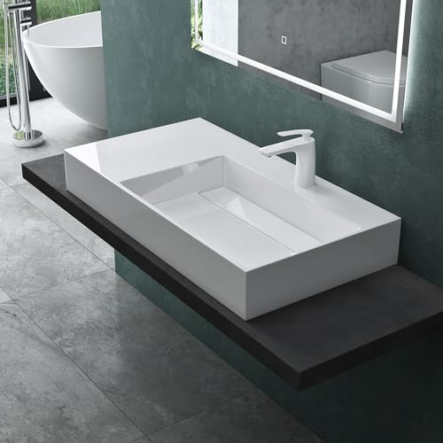 Mai & Mai Waschbecken Aufsatzwaschbecken Hängewaschbecken Col12-Rechts 90x48x13cm in weiß aus Mineralguss ohne Überlauf