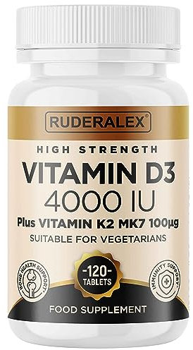 Ruderalex Vitamin D3 K2 High Strength 120 Tablets, Vitamin D3 4000 IU and K2 (MK7) 100mcg, Vegetarian
