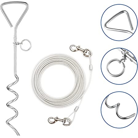 1Above_20ft(6m) heavy duty Dog stake and tie out cable with 16 Inch spiral ground stake Puppy pet Outdoor Tie Out Lead Leas