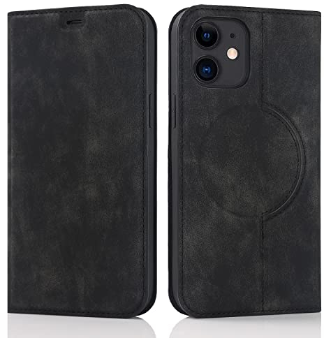 QLTYPRI Hülle für iPhone 12/iPhone 12 Pro Kompatibel mit MagSafe, Ledertasche Handyhülle [RFID Schutz] Flip Case mit Kartenhalter Ständer Magnet Klapphülle für iPhone 12/iPhone 12 Pro - Schwarz
