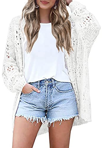 HOTOUCH White Cardigan for Women Summer Lightweight Crochet Long Sleeve Open Front Cardigans White L
