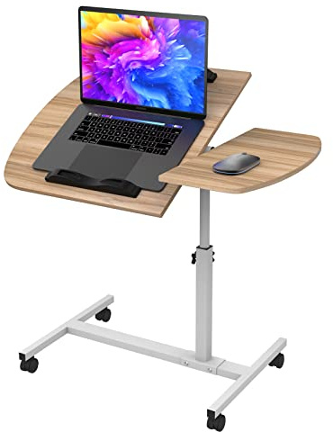 PIPIPOXER Laptoptisch Höhenverstellbar 61-91 cm, 60×40cm Mobiler Stehtisch mit 4 Rollen & 2 Stopp-Leisten, Überbett-Tisch 360 Drehbaren Tischplatte, Beistelltisch fürs Wohnzimmer, Sofa, Holz