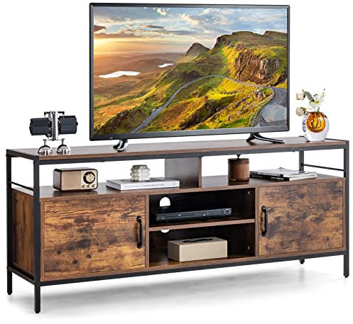 COSTWAY Meuble TV Industriel, Meuble Télé AVCE 2 Placards à Porte et 4 Compartiments, Meuble pour TV jusqu'à 65 Pouces pour Salon, Chambre, Salle, Marron Rustique, 147 x 40 x 62 cm