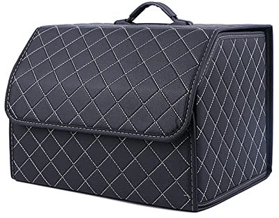 GENTRE Kofferraum Organizer,Luxus-PU-Leder Aufbewahrungsbox für Mercedes Benz CLA AMG CLA35 CLA45 CLA45S,großer Faltbare Trunk Organizer mit Deckel und Griffe Auto zubehör,E-Black-Beige-M